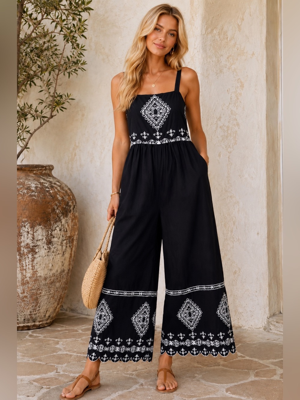 Dress Naoo Black Embroidered Wide Leg Boho Jumpsuit Size S Cottagecore Festival
